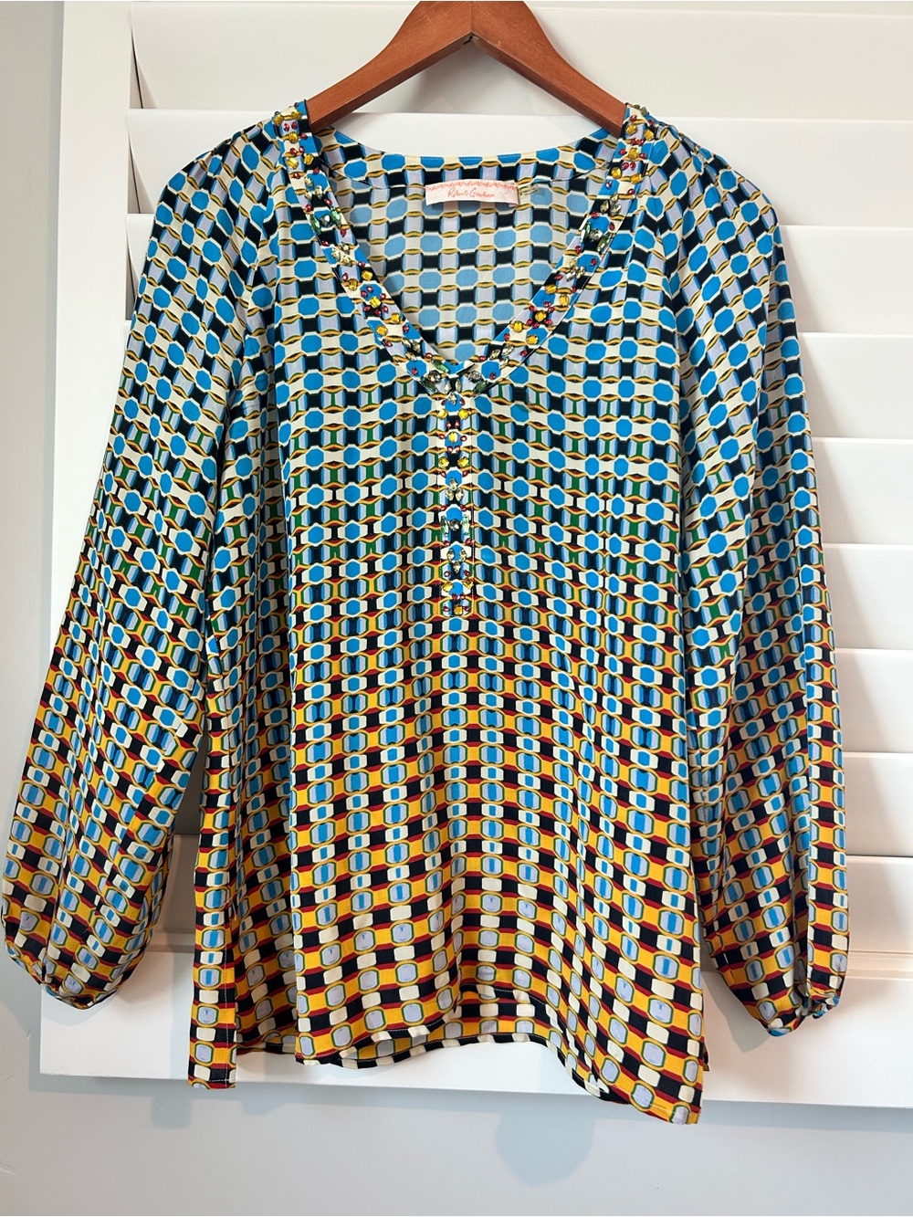 Women’s Robert Graham Colorful 100% Silk Long Sleeve Stone Accented Shirt size M